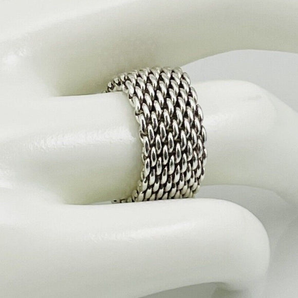 Size 8.5 Tiffany & Co Somerset Ring in Sterling Silver Mesh Weave Flexible Unisex
