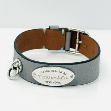 Lrg Return To Tiffany Oval Tag Strap Bracelet in Gray Leather Silver Mens Unisex
