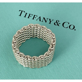 Size 6 Tiffany Somerset Ring Mesh Basket Weave in Sterling Silver With Blue Box