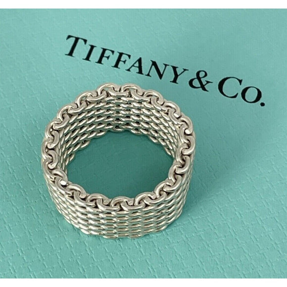Size 6 Tiffany Somerset Ring Mesh Basket Weave in Sterling Silver With Blue Box