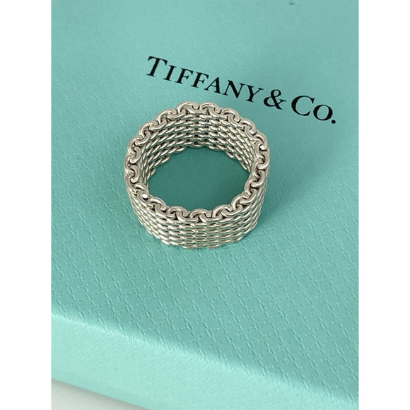 Size 6 Tiffany Somerset Ring Mesh Basket Weave in Sterling Silver With Blue Box