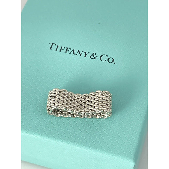 Size 6 Tiffany Somerset Ring Mesh Basket Weave in Sterling Silver With Blue Box
