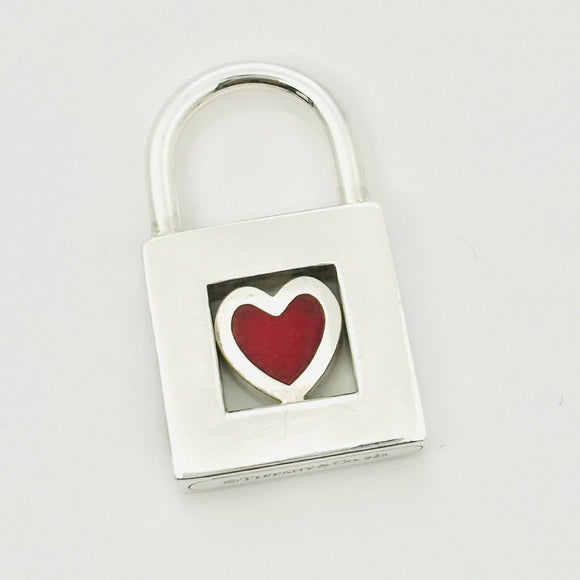 Tiffany & Co Heart Padlock Charm Or Pendant in Red Enamel and Sterling Silver