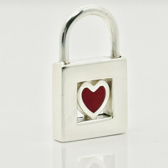 Tiffany & Co Heart Padlock Charm Or Pendant in Red Enamel and Sterling Silver