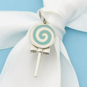 Tiffany Blue Lollipop Candy Charm or Pendant in Blue Enamel and Sterling Silver