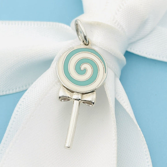 Tiffany Blue Lollipop Candy Charm or Pendant in Blue Enamel and Sterling Silver