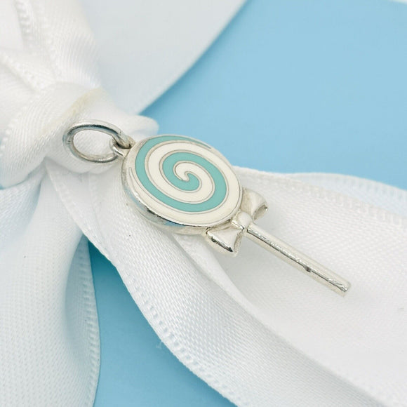 Tiffany Blue Lollipop Candy Charm or Pendant in Blue Enamel and Sterling Silver