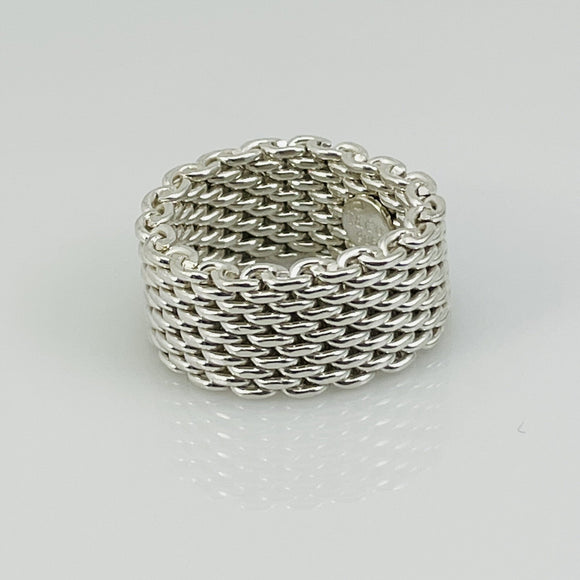 Size 4.5 Tiffany & Co Somerset Ring Mesh Weave Flexible in 925 Silver AUTHENTIC