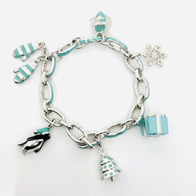 Tiffany Christmas Charm Bracelet Blue Enamel Tree, Mittens, Penguin, Cupcake Box