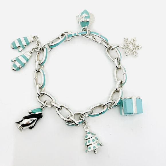 Tiffany Christmas Charm Bracelet Blue Enamel Tree, Mittens, Penguin, Cupcake Box