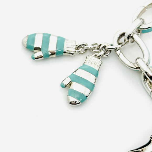 Tiffany Christmas Charm Bracelet Blue Enamel Tree, Mittens, Penguin, Cupcake Box