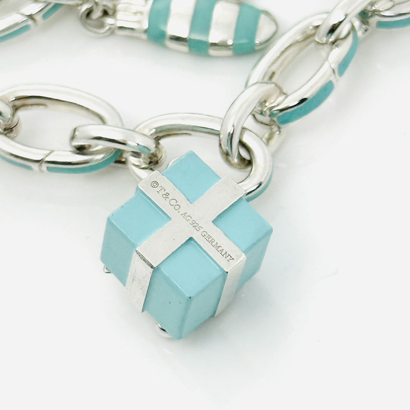 Tiffany Christmas Charm Bracelet Blue Enamel Tree, Mittens, Penguin, Cupcake Box