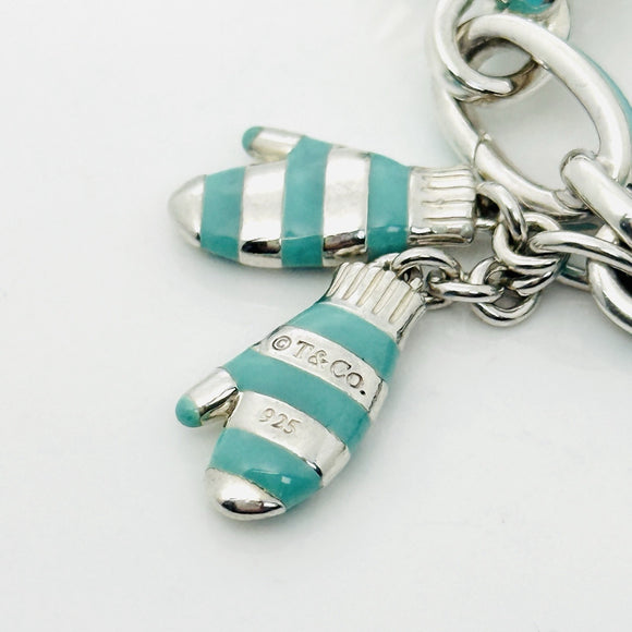 Tiffany Christmas Charm Bracelet Blue Enamel Tree, Mittens, Penguin, Cupcake Box
