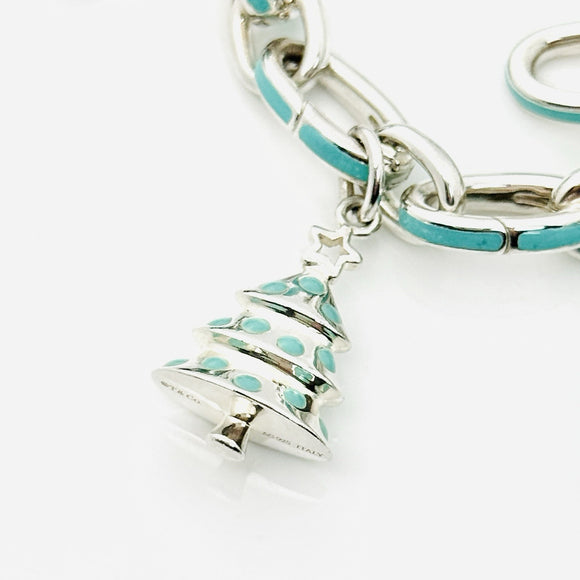 Tiffany Christmas Charm Bracelet Blue Enamel Tree, Mittens, Penguin, Cupcake Box