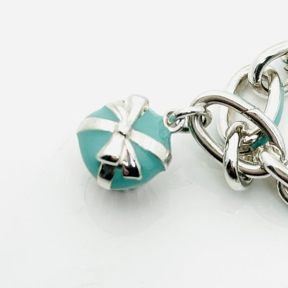 Tiffany Christmas Charm Bracelet Blue Enamel Tree, Mittens, Penguin, Cupcake Box