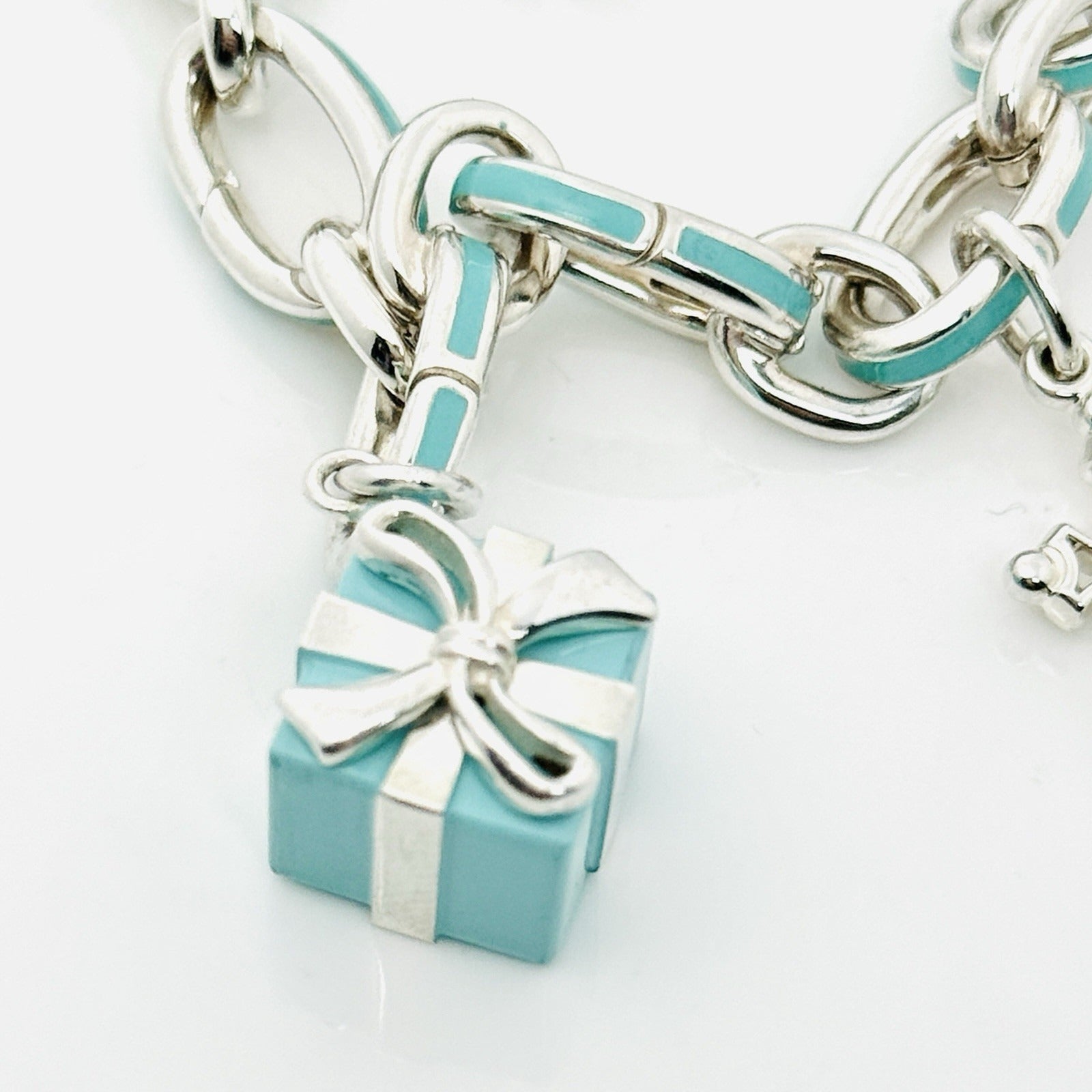 Tiffany Christmas Charm Bracelet Blue Enamel Tree, Mittens, Penguin, Cupcake Box