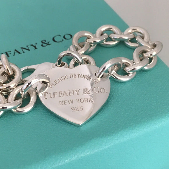 8.5" Large Please Return To Tiffany & Co Center Heart Charm Bracelet in Silver