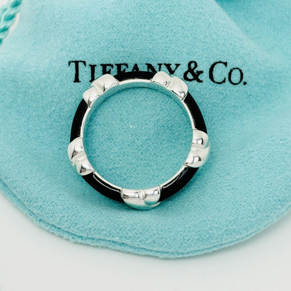 Size 7 Tiffany Signature X Kiss Ring in Black Enamel and Sterling Silver