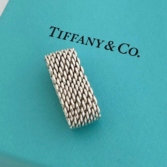 Size 7.5  Tiffany Somerset Mesh Weave Mens Unisex Ring in Sterling Silver