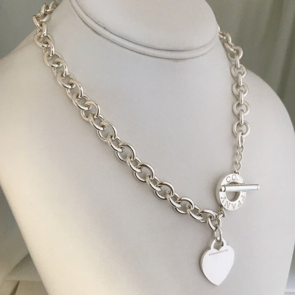 20” Large Tiffany & Co Sterling Silver Blank Heart Tag Toggle Necklace Plus Size
