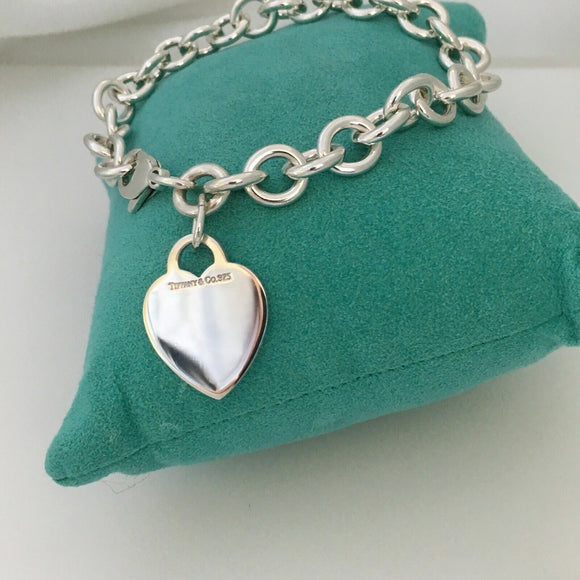 9" Large Tiffany & C Blank Heart Tag Charm Bracelet in Sterling Silver