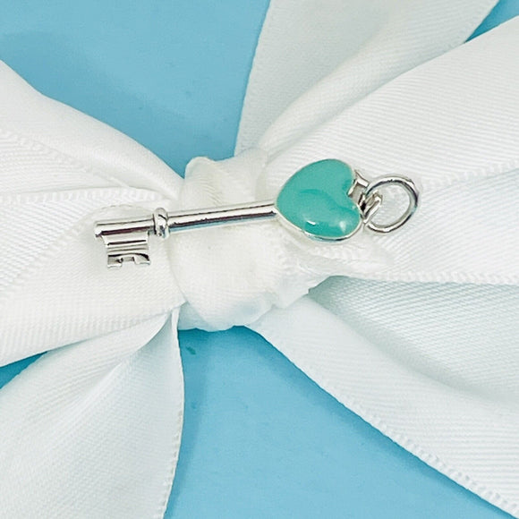 Tiffany & Co Blue Enamel Heart Tag Key Charm or Pendant in Sterling Silver