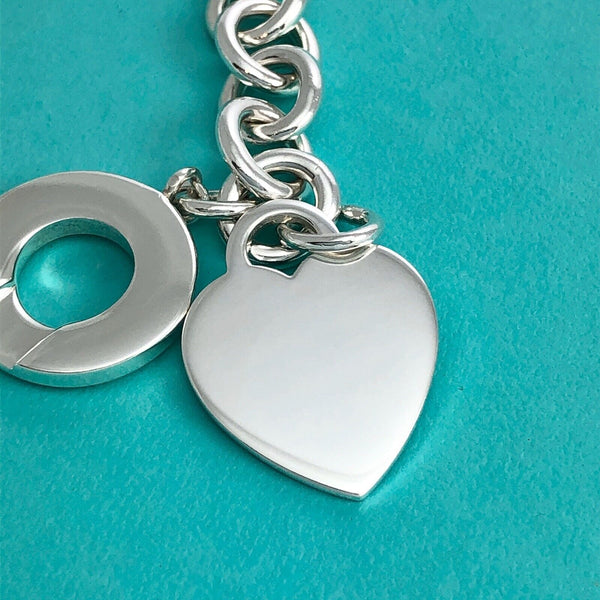 8.5" Tiffany & Co Blank Heart Tag Toggle Charm Bracelet GENUINE in Silver - 7