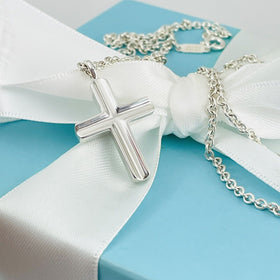24 inch Tiffany Mens Unisex Cross Large Link Necklace in Concave Sterling Silver - 0