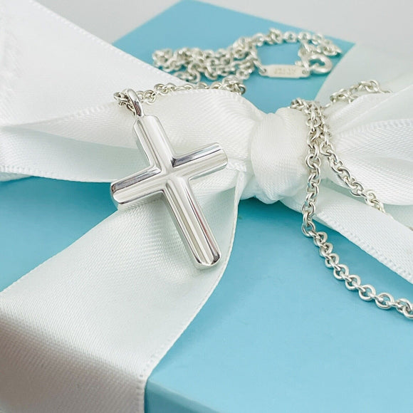 24 inch Tiffany Mens Unisex Cross Large Link Necklace in Concave Sterling Silver