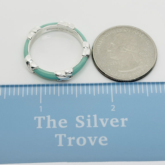 Size 9.5 Tiffany Signature X Kiss Ring in Blue Enamel and Sterling Silver