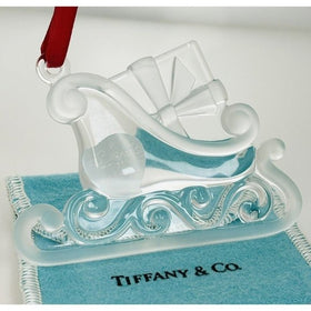 Tiffany Crystal Santa Sleigh Christmas Tree Holiday Ornament with Red Ribbon
