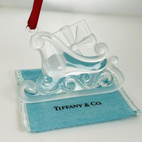 Tiffany Crystal Santa Sleigh Christmas Tree Holiday Ornament with Red Ribbon - 0