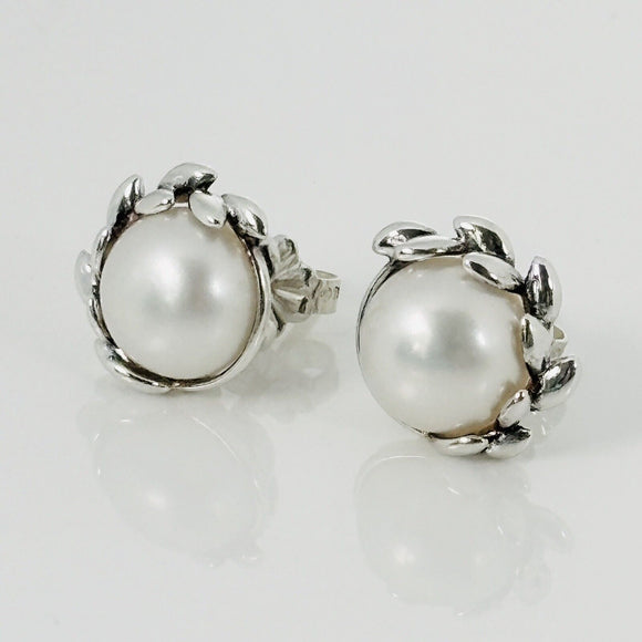 Tiffany Small 6mm Pearl Olive Leaf Earring by Paloma Picasso Stud in Silver