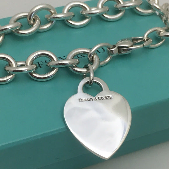 8.75" Large Tiffany & Co Sterling Silver Blank Heart Tag Charm Bracelet Blue Box