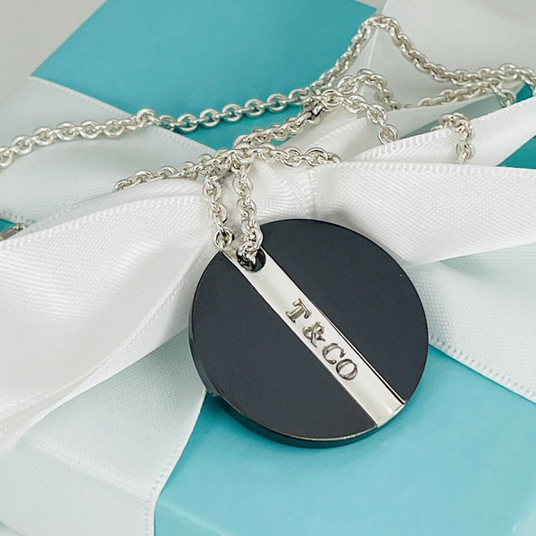 Tiffany T&CO Silver and Black Titanium Disc Round Tag Pendant 3mm Chain Necklace - 1