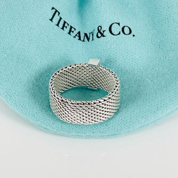 Size 3.5 Tiffany & Co Somerset 4 Diamond Ring Mesh Weave in Sterling Silver
