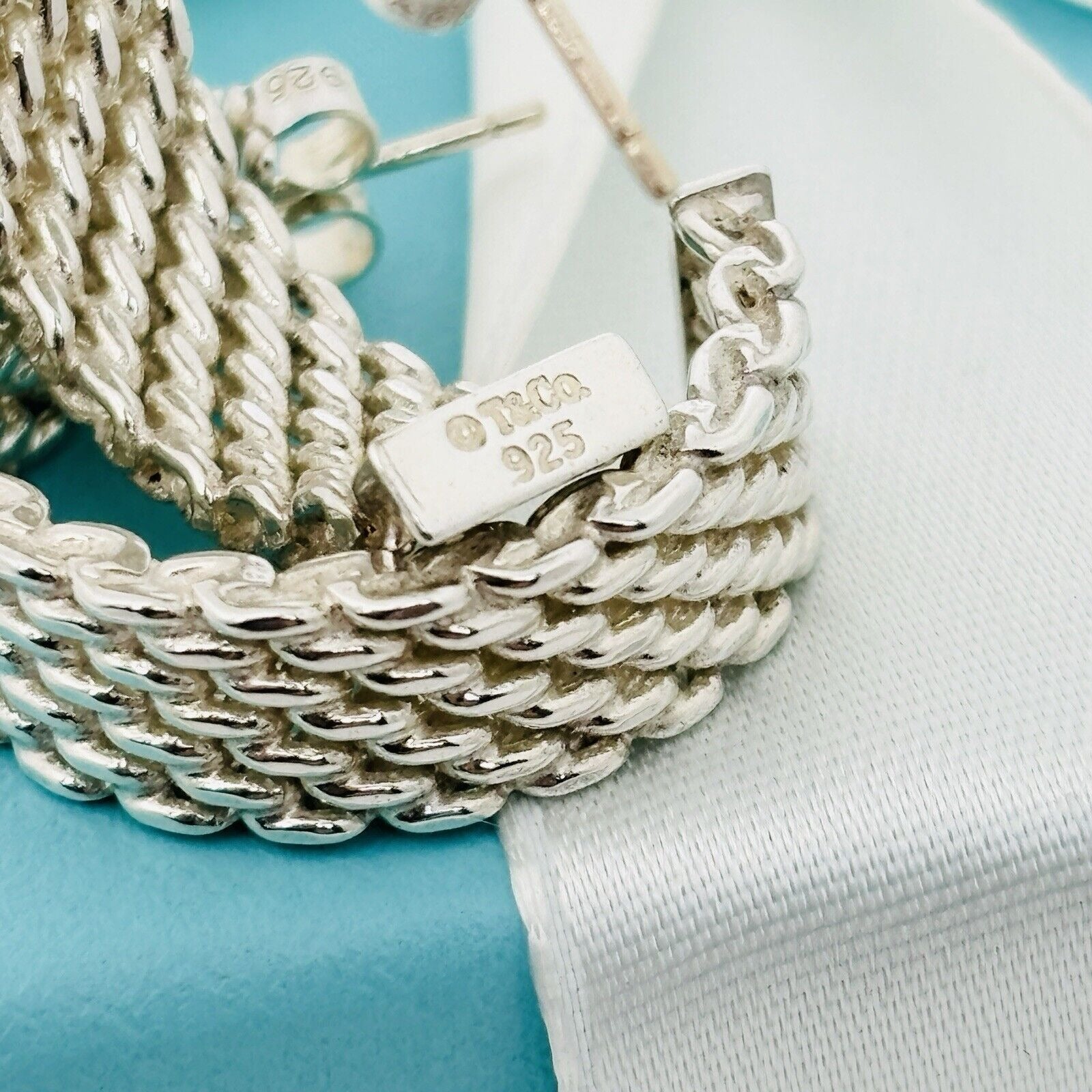 Tiffany & Co Somerset Mesh Hoop Huggie Earrings in Sterling Silver