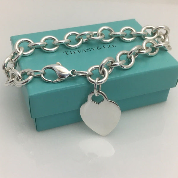 8.75" Large Tiffany & Co Sterling Silver Blank Heart Tag Charm Bracelet Blue Box - 7