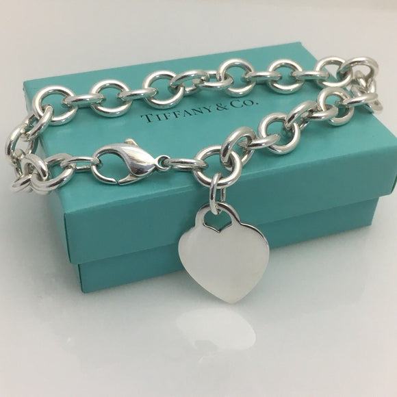 8.75" Large Tiffany & Co Sterling Silver Blank Heart Tag Charm Bracelet Blue Box