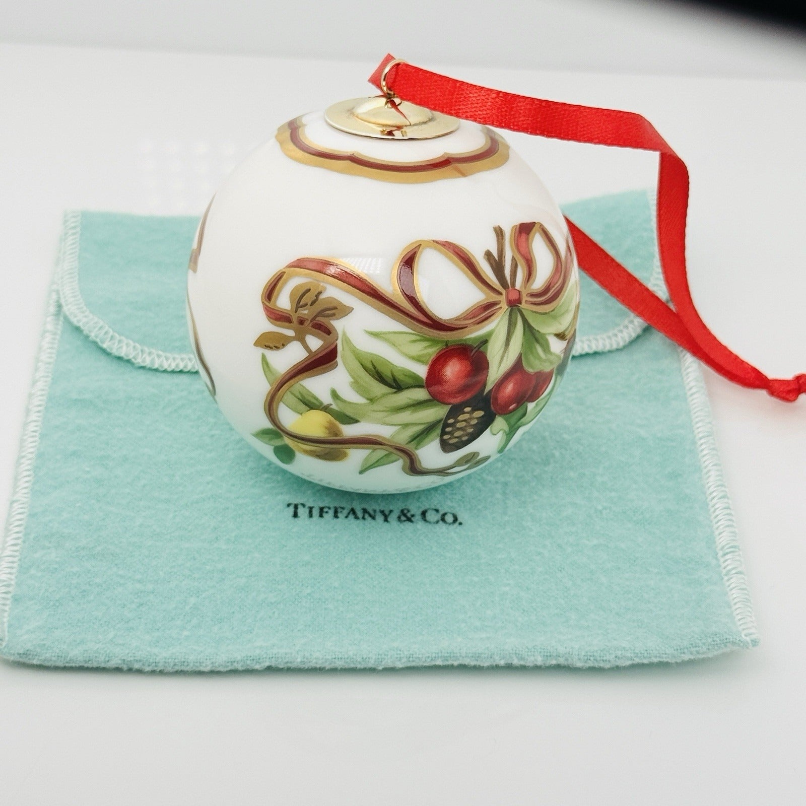 Tiffany Holiday Ball Ornament Christmas Mistletoe Bone China Painted Porcelain