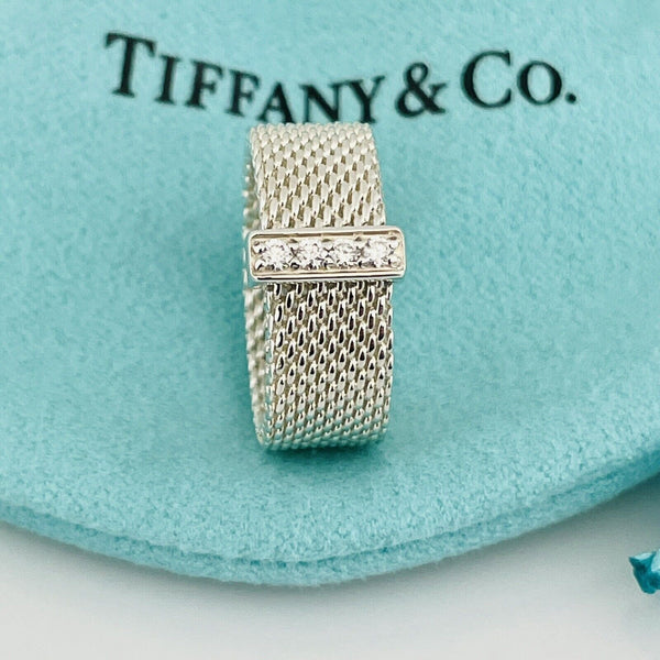 Size 4.5 Tiffany & Co Somerset 4 Diamond Ring Mesh Weave in Sterling Silver - 2