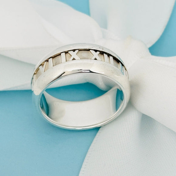 Size 7.5 Tiffany Wide Atlas Roman Numerals Mens Unisex Ring in Sterling Silver