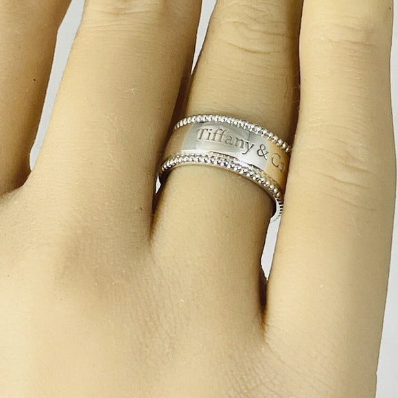Tiffany & Co. Script Notes Band Ring Size 8 Sterling Silver Beaded Milgrain Edge