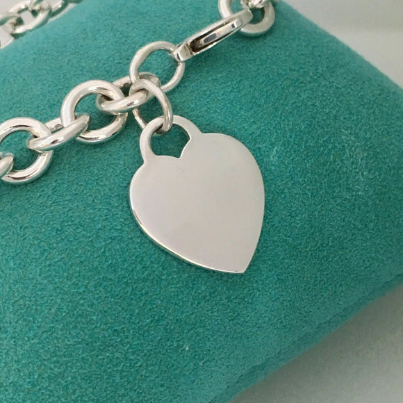 9" Large Tiffany & C Blank Heart Tag Charm Bracelet in Sterling Silver