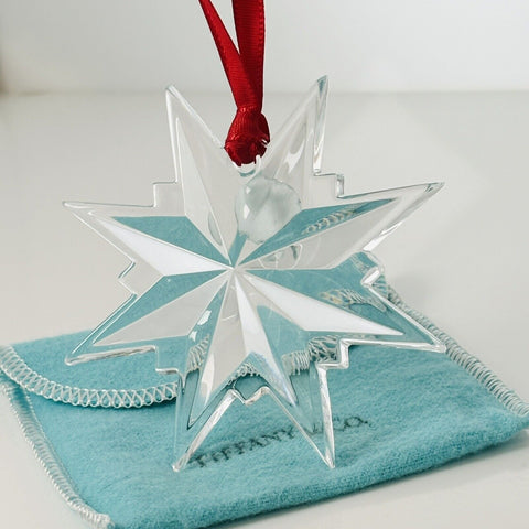 Tiffany Crystal Snowflake Star Christmas Tree Holiday Ornament with Red Ribbon