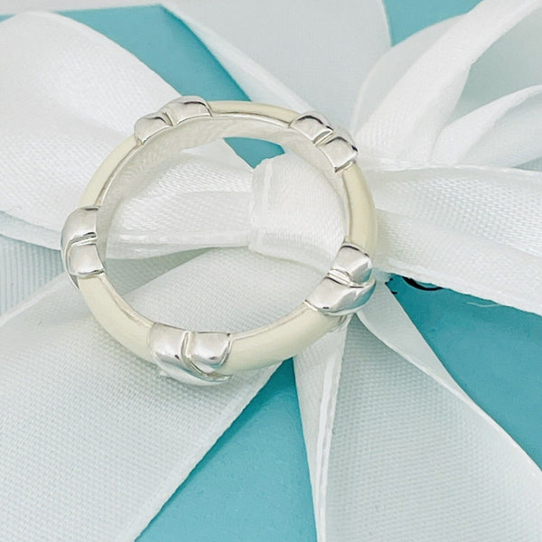 Size 10 Tiffany Signature X Ring in White Enamel and Sterling Silver Stacking - 1
