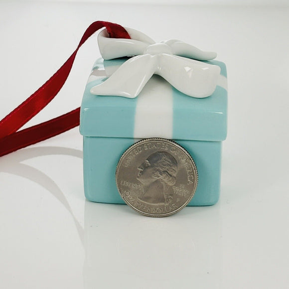 Tiffany Blue Gift Box and Bow Christmas Holiday Ornament Bone China Porcelain