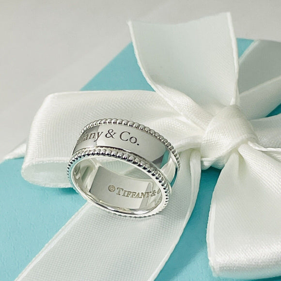 Tiffany & Co. Script Notes Band Ring Size 8 Sterling Silver Beaded Milgrain Edge