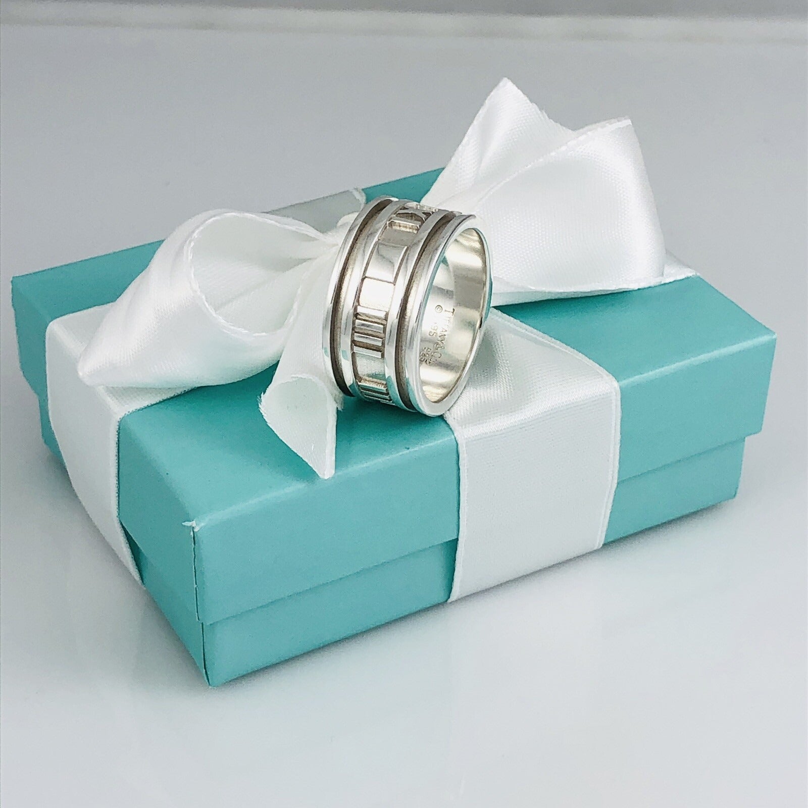 Vintage Size 10 Tiffany Atlas Ring Wide Band Roman Numerals Silver Mens Unisex - 0