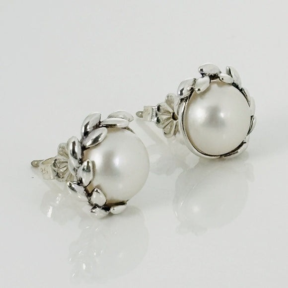 Tiffany Small 6mm Pearl Olive Leaf Earring by Paloma Picasso Stud in Silver